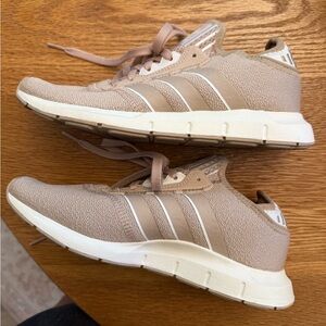 Adidas Tan and White Sneakers with Minimalist Design Size 6.5